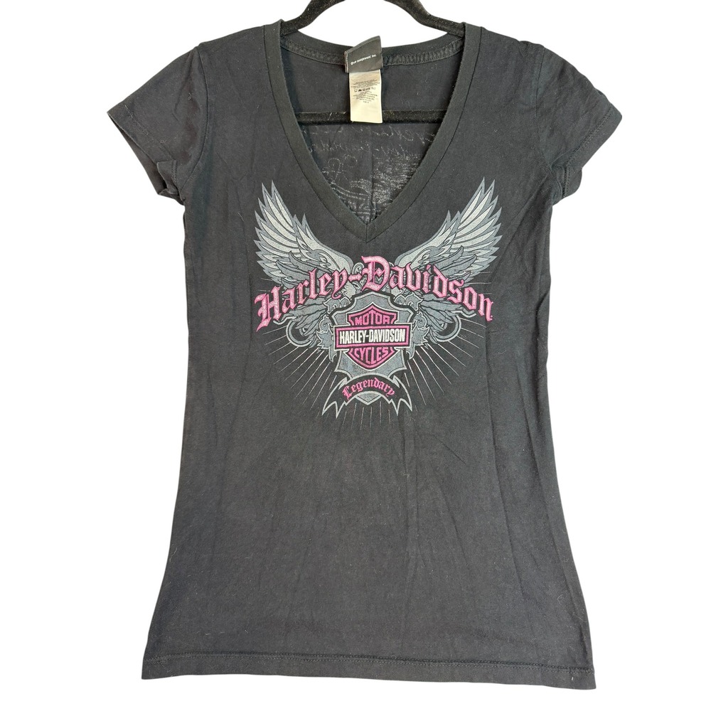 Harley-Davidson Womens V-Neck Graphic T-Shirt French Lick Indiana Black Pink S